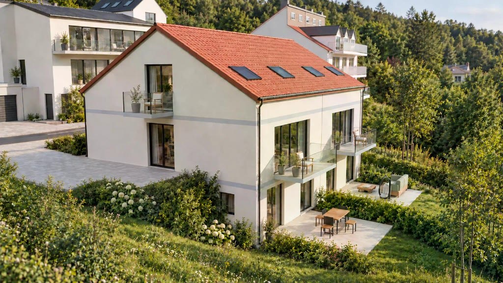 KI-generiert: Doppelhaus 8a/8b — Hanglage Gartenseite (Visualisierung)