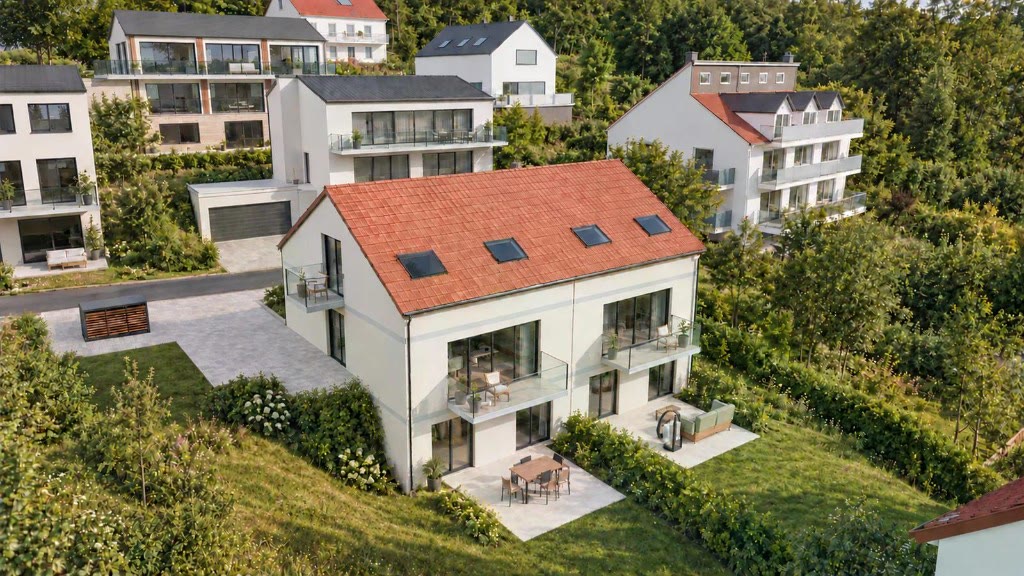 KI-generiert: Doppelhaus 8a/8b — Gartenseite mit Terrassen und Balkonen (Visualisierung)
