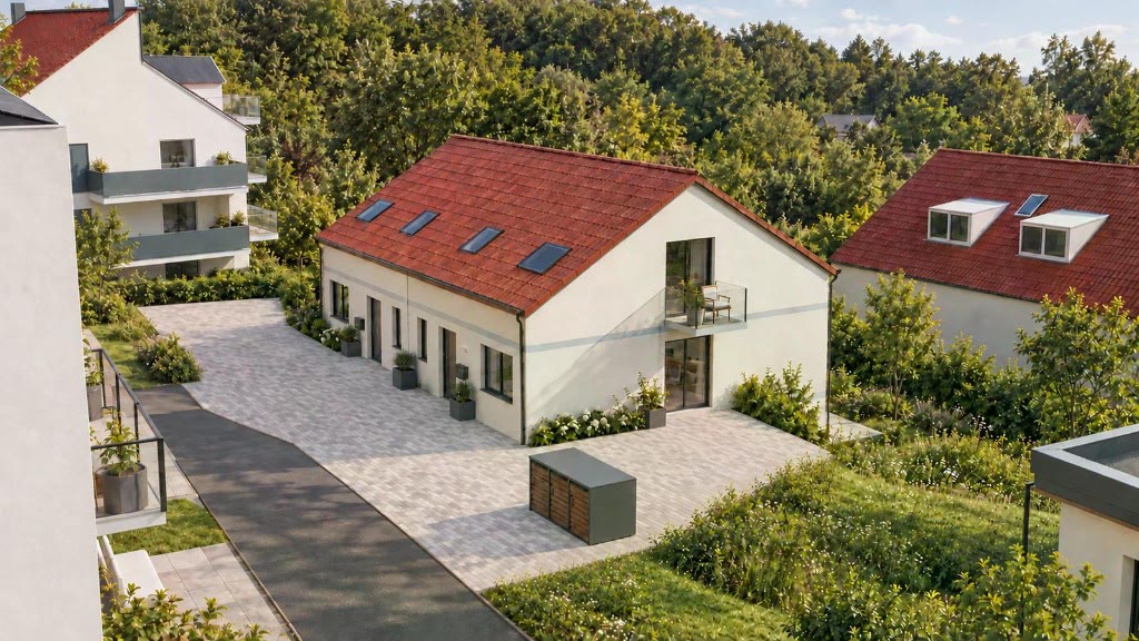 KI-generiert: Doppelhaus 8a/8b — Straßenansicht mit Zufahrt (Visualisierung)